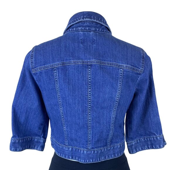 Loft Womens Medium Blue Denim Button Front Cropped Jacket 3/4 Sleeve Cotton - Picture 3 of 8